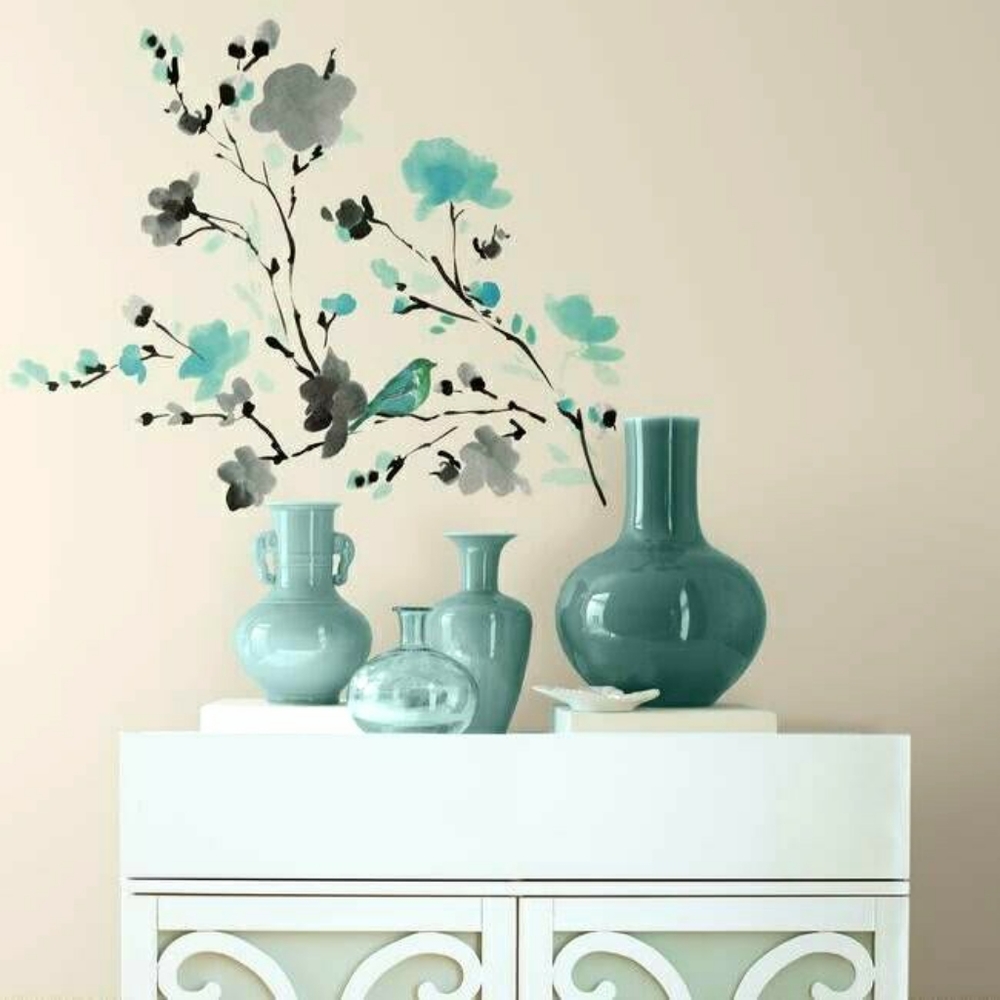 Blossom bird watercolor nature art wall decor decals set home
